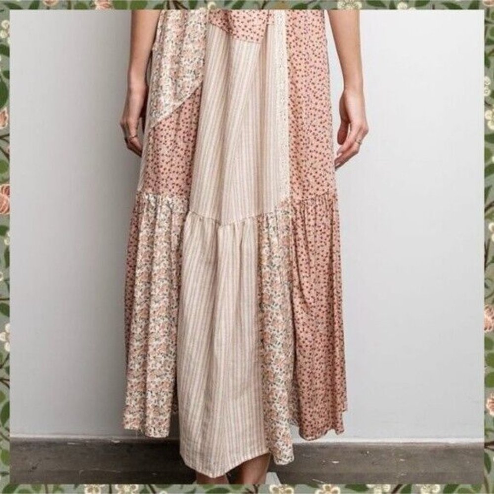 EASEL Mixed Print Adjustable Cross Straps Maxi Dress Lace Edges Relaxed & Flowy - Picture 7 of 15